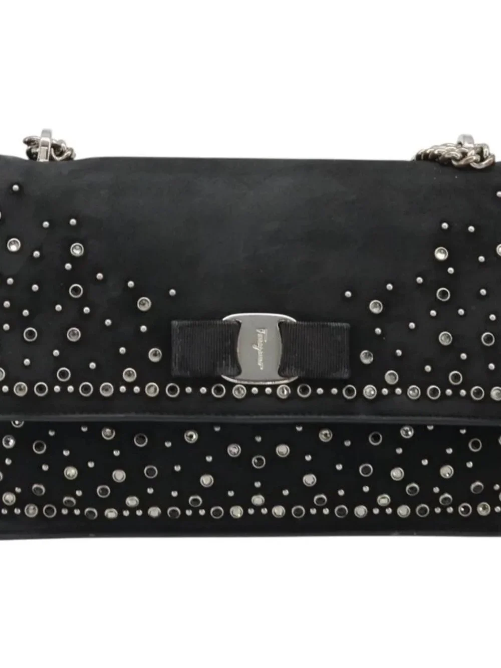 Salvatore Ferragamo Vala Chain Shoulder Bag Suede Black Silver Auth 187258A